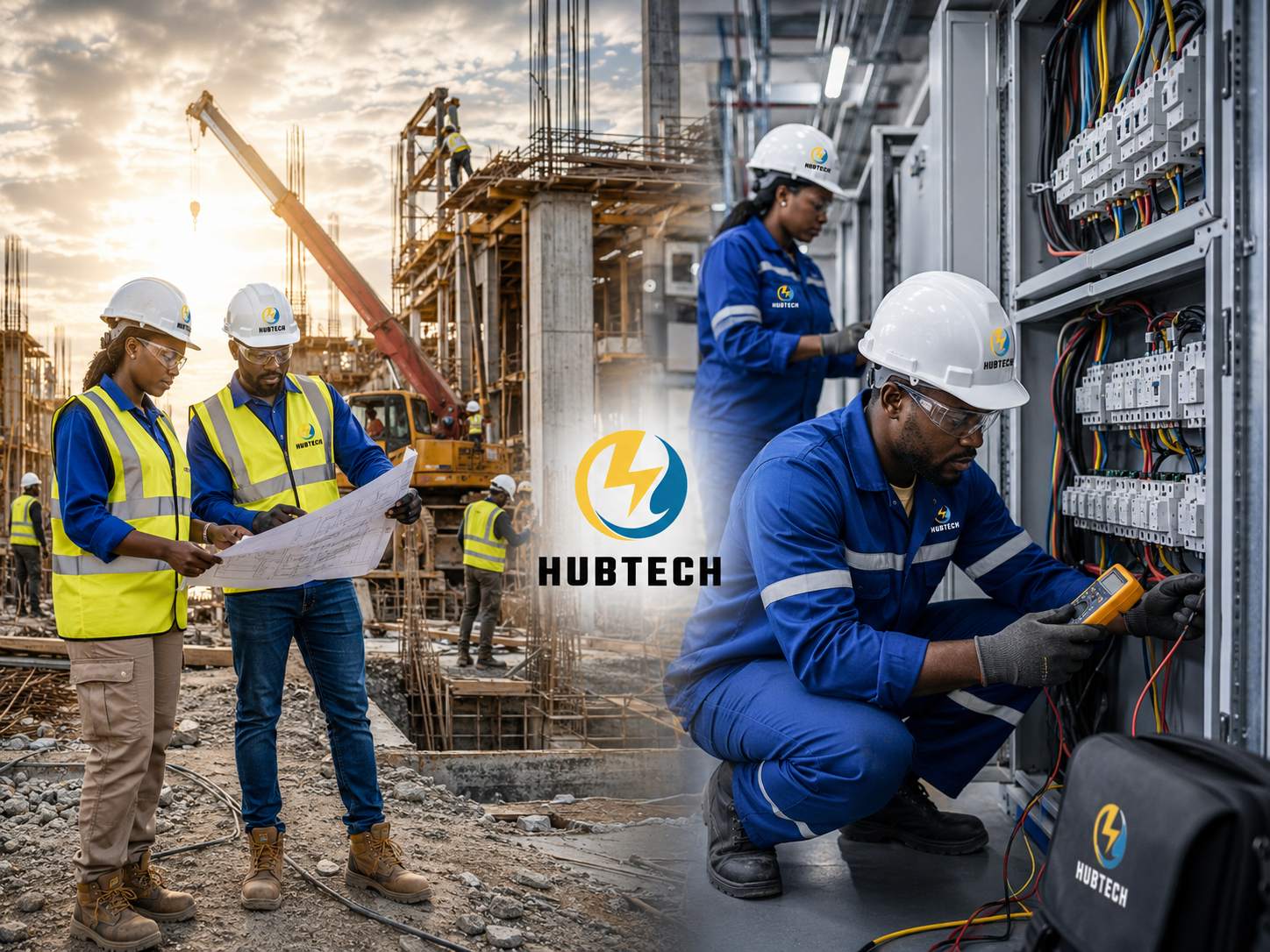 Équipe HUBTECH sur un chantier de construction et en intervention sur une armoire électrique